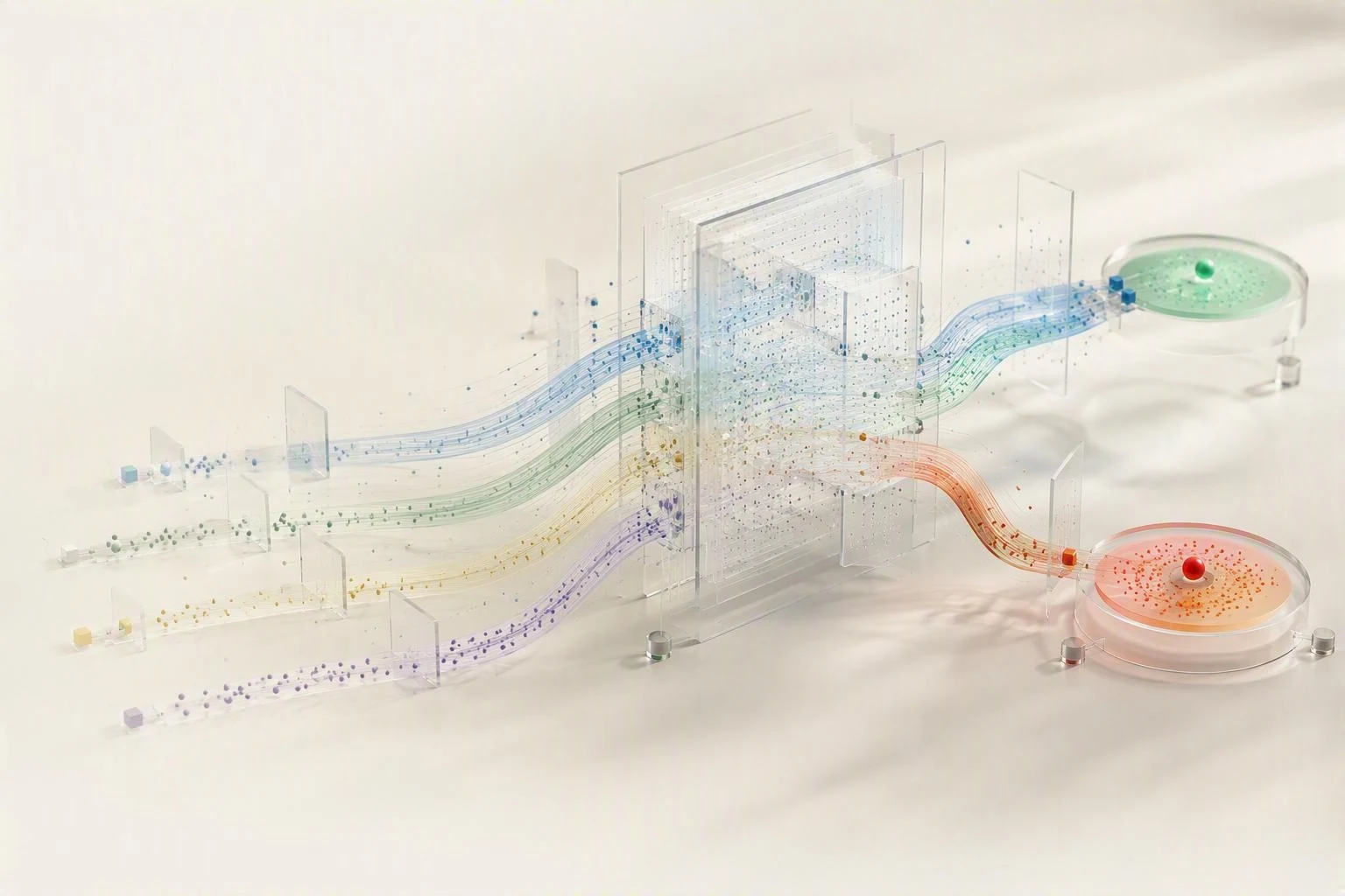 Multiple autonomous action flows pass through transparent analytical control layers and separate into differentiated controlled outcomes.