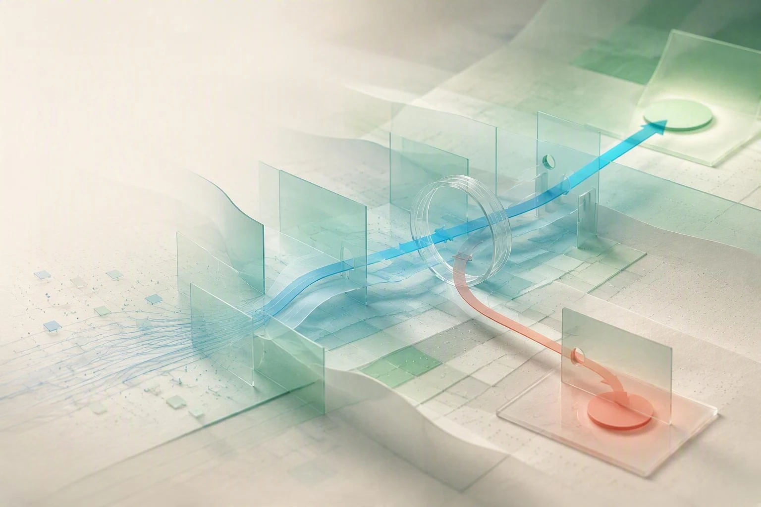 Abstract scientific decision environment with translucent checkpoints, blue analytical flow and distinct controlled outcomes.