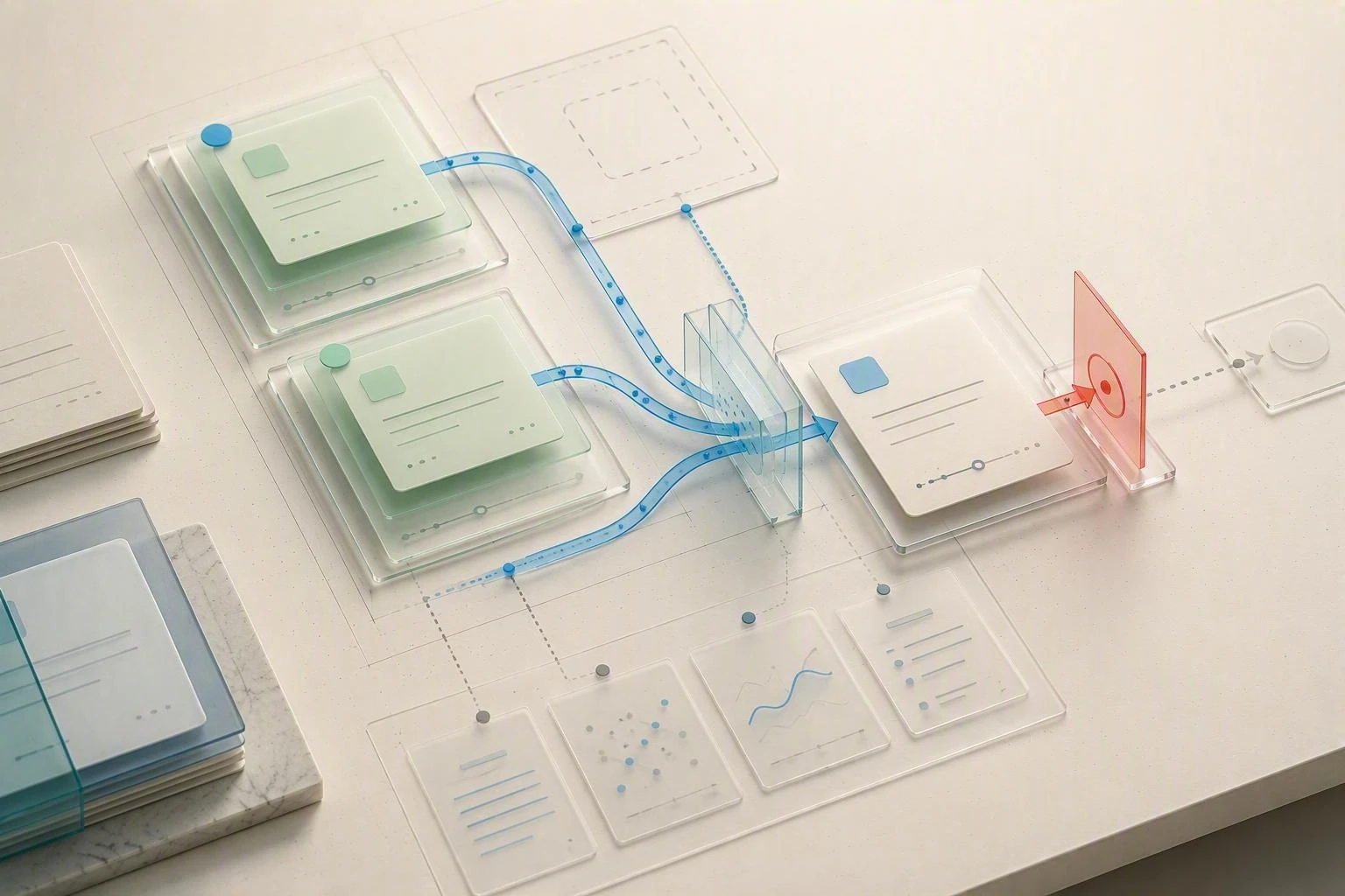 Layered evidence cards converge through transparent review boundaries toward a proposed action and a coral intervention gate.